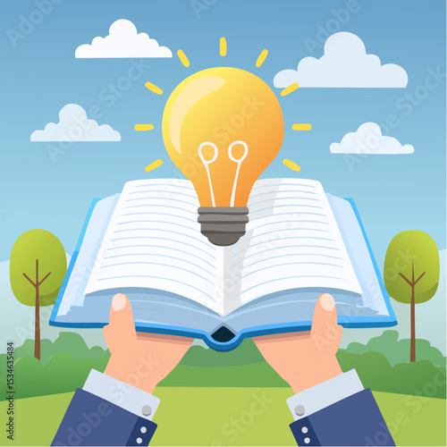 Open Book Held by Hand Unveiling Lightbulb Idea, Symbolizing Learning, Creativity, and Wisdom Through Reading for Inspiration and Problem Solving.