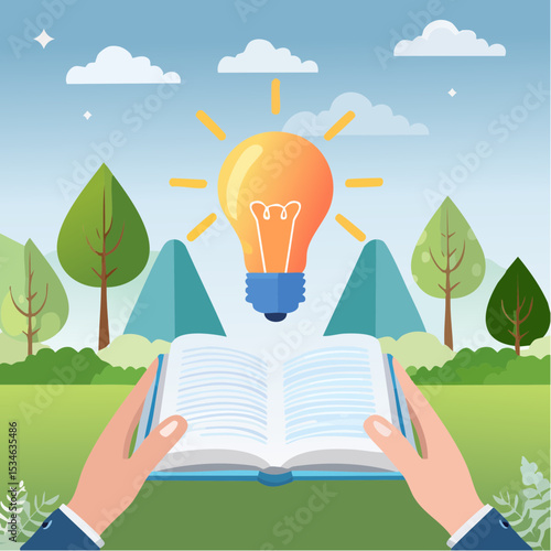 Knowledge or education, study or learning new skill, creativity or idea, reading book for inspiration, discover solution or literature, wisdom concept, hand hold open book to discover lightbulb ide