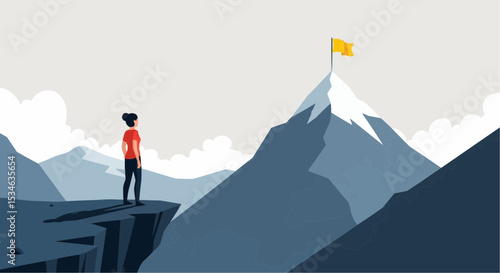 Woman on cliff success peak mountain achievement goal setting motivation challenge flag top inspiration 100