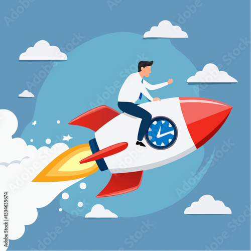 Success achievement, boost growth development to reach target, leadership to win business challenge, startup, entrepreneur or ambition to win, businessman riding fast rocket to reach success sta