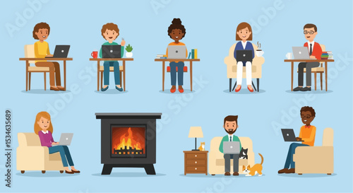 Remote work lifestyle concept with people using laptops at home for online meetings and freelance work style