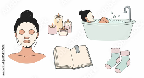 Relaxing spa day with face mask bubble bath candles book and cozy socks for self care and wellness time