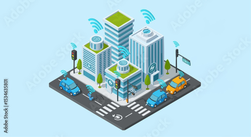 Isometric smart city with autonomous vehicles and wifi connectivity for modern urban transportation design