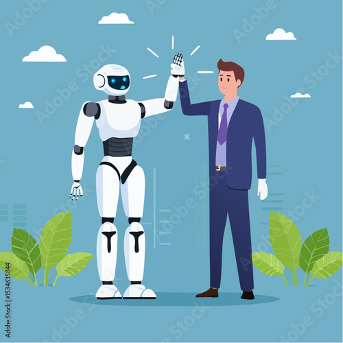Working together with AI Artificial Intelligence, human cooperate with machine or robot, AI help or support coworker, assistance or partnership concept, businessman hand high five with robot han