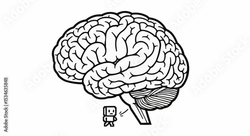 Human brain illustration with cerebellum and tiny person thinking about mental health and mind power concept