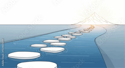 Path stepping stones over water leading to mountain peak landscape journey adventure destination goal 100