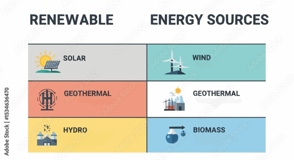 Obraz premium Renewable energy sources: solar, wind, geothermal, hydro and biomass energy for sustainable future power generation