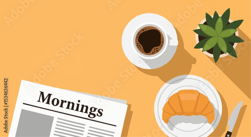 Morning coffee croissant breakfast newspaper plant flat lay illustration food drink lifestyle daily news fresh  100