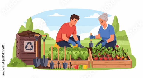 Gardening together growing vegetables and compost in a raised garden bed with garden tools and plants