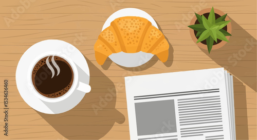 Coffee croissant newspaper breakfast morning table top view food drink plant relaxation daily routine vector art