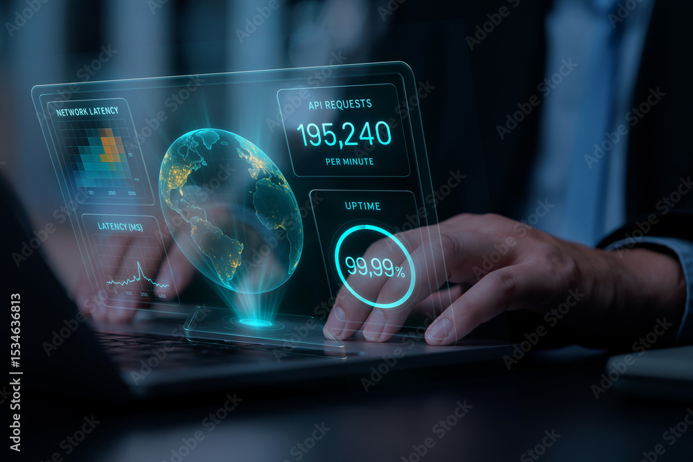 Holographic Global Network Performance Dashboard with Latency Heatmap, API Request Rate, and Uptime Gauge Holographic Global Network Performance Dashboard with Latency Heatmap, API Request Rate, and Uptime Gauge