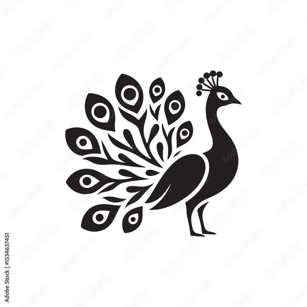 Obraz premium Elegant Peacock Silhouette Vector Art – Regal Bird Design with Flowing Tail Feathers, Minimalist Black Outline Perfect for Royal Themes, Wildlife Graphics, Cultural Decor, and Logos 