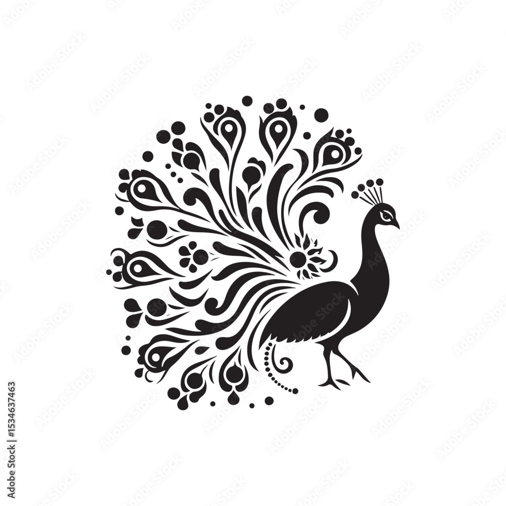 Obraz premium Elegant Peacock Silhouette Vector Art – Regal Bird Design with Flowing Tail Feathers, Minimalist Black Outline Perfect for Royal Themes, Wildlife Graphics, Cultural Decor, and Logos 