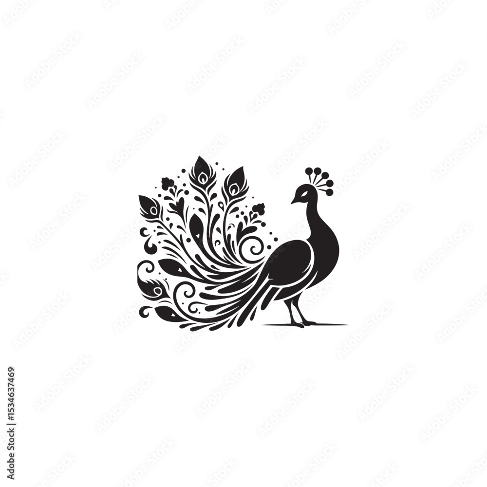 Fototapeta premium Elegant Peacock Silhouette Vector Art – Regal Bird Design with Flowing Tail Feathers, Minimalist Black Outline Perfect for Royal Themes, Wildlife Graphics, Cultural Decor, and Logos 