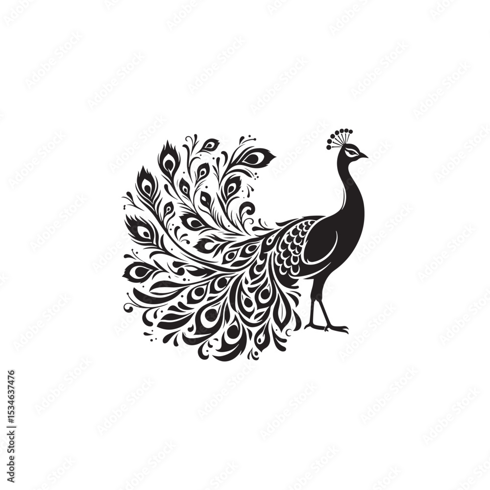 Naklejka premium Elegant Peacock Silhouette Vector Art – Regal Bird Design with Flowing Tail Feathers, Minimalist Black Outline Perfect for Royal Themes, Wildlife Graphics, Cultural Decor, and Logos 