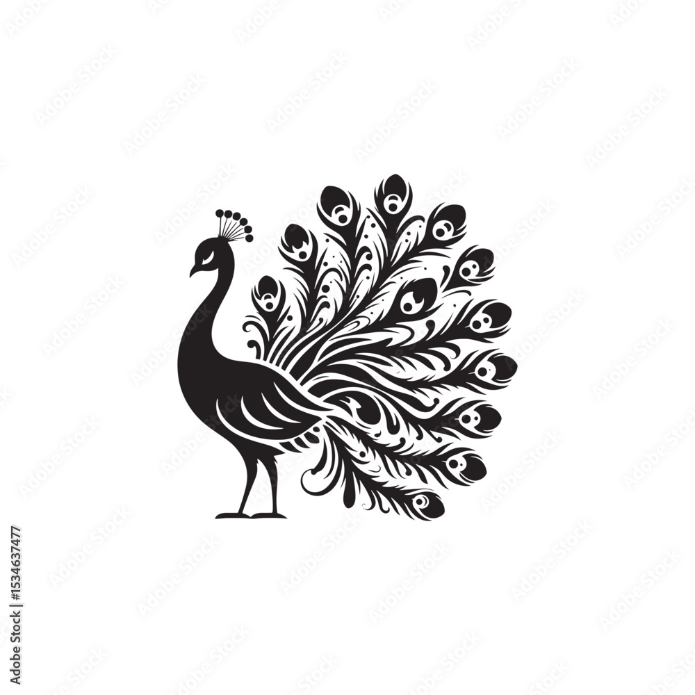 Obraz premium Elegant Peacock Silhouette Vector Art – Regal Bird Design with Flowing Tail Feathers, Minimalist Black Outline Perfect for Royal Themes, Wildlife Graphics, Cultural Decor, and Logos 