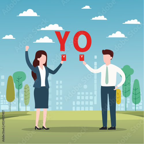 Yes, No argument or disagreement, conflict fight debate, dilemma, dispute or office rivalry war, struggle, negative discussion concept, businessman and woman arguing or fight with yes and no sig