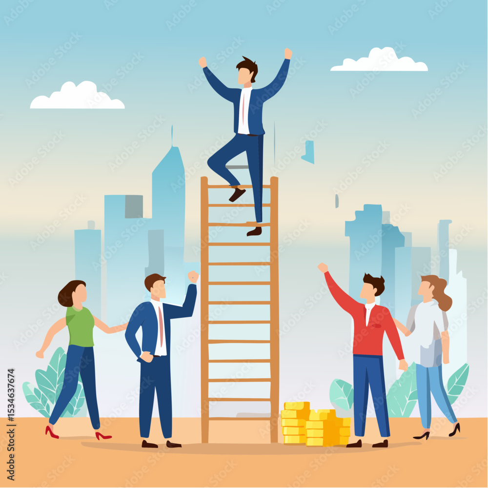 Team growth, growing business success, employee engagement, career progress, achievement or challenge, corporate ladder, motivation to win together concept, business people climb up growth grap Team growth, growing business success, employee engagement, career progress, achievement or challenge, corporate ladder, motivation to win together concept, business people climb up growth grap