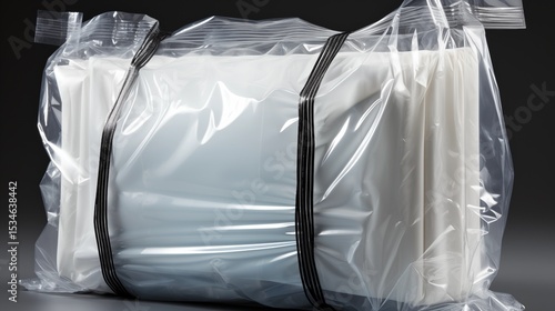 Vacuum sealed white goods in clear plastic packaging, transparent poly bag for secure shipping and storage