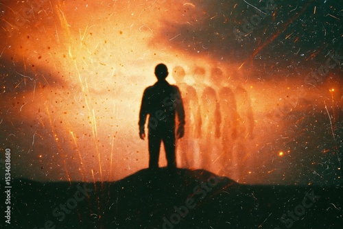 Surreal silhouette in glitching ash desert at dawn