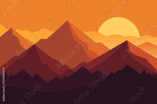 Sunset Mountain Landscape Minimalist Vector Illustration of Majestic Peaks and Golden Hour