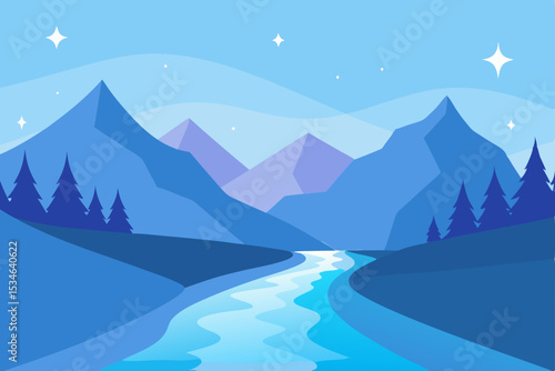 Serene Night River Winding Through Majestic Mountainscape Illustration