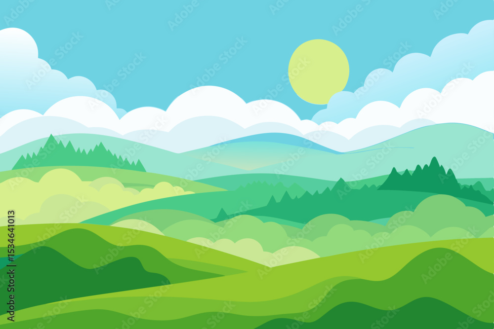 Serene Summer Landscape Rolling Hills, Lush Green Meadows, Sunny Sky Illustration Serene Summer Landscape Rolling Hills, Lush Green Meadows, Sunny Sky Illustration