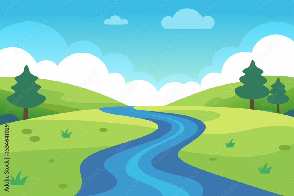 Fototapeta premium Serene River Landscape Peaceful Valley Vista with Winding River and Lush Green Hills