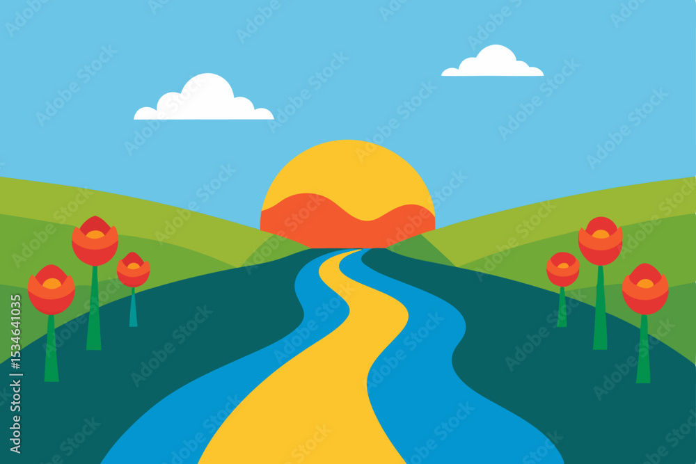 Fototapeta premium Serene Sunset Landscape River, Flowers, and Rolling Hills