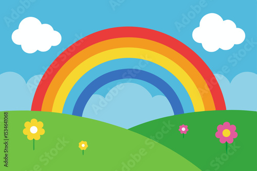 Vibrant Rainbow Over Rolling Hills A Colorful Landscape Illustration