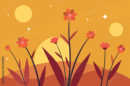 Sunset Meadow Abstract Floral Illustration with Warm Hues and Celestial Elements