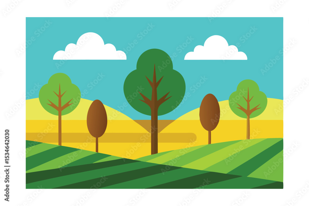 Fototapeta premium Serene Countryside Landscape Rolling Hills, Lush Fields, and Majestic Trees