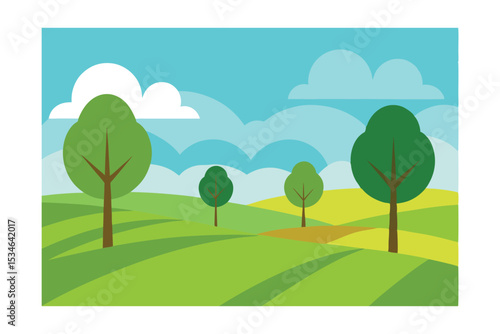 Serene Countryside Landscape Rolling Hills, Lush Green Fields, and Majestic Trees