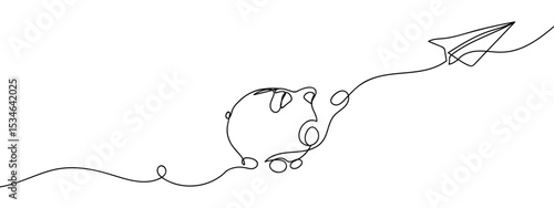 Continuous line, piggy bank with paper airplane, financial concept illustration Hand drawn vector art lines on transparent background. Editable strokes.
