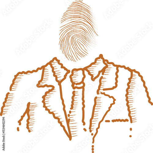 Imaginative drawing of a man with a thumbprint head, symbolizing identity, uniqueness, individuality, and the fusion of human personality with biometric symbolism.