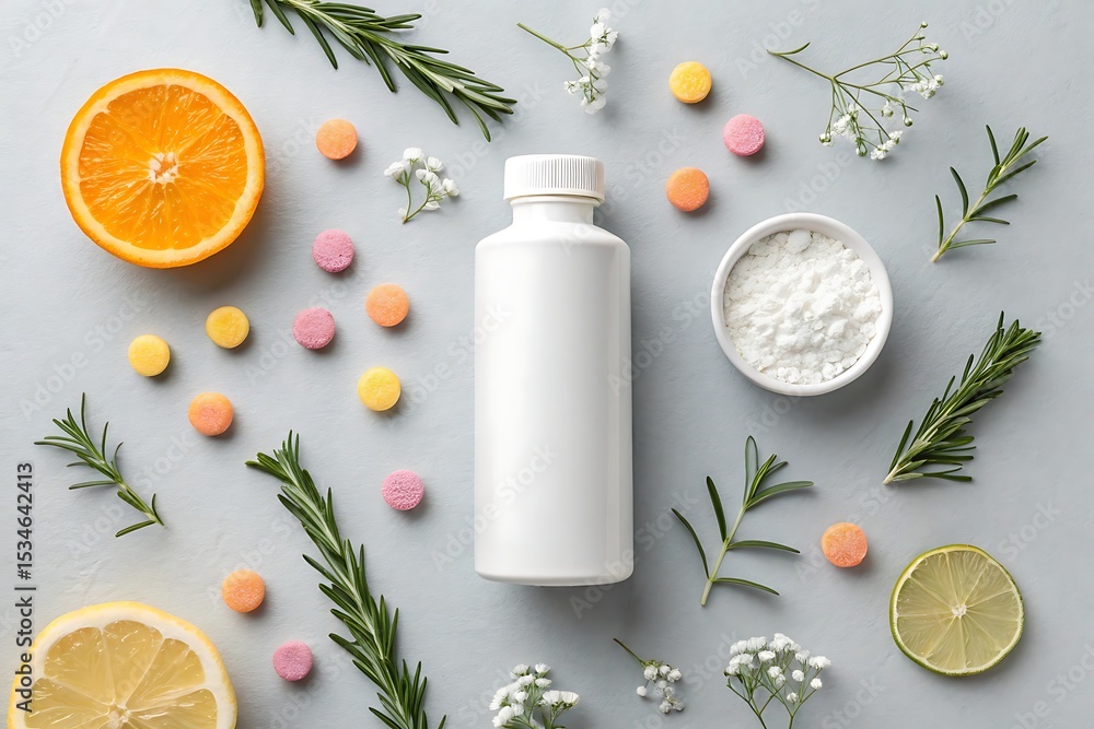 Vitamins and Wellness: A vibrant collection of health supplements, citrus slices, and botanical elements come together in a visually appealing display. Vitamins and Wellness: A vibrant collection of health supplements, citrus slices, and botanical elements come together in a visually appealing display.