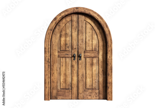 Elegant arched wooden double door isolated on black background photography