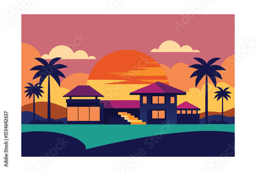 Sunset Tropical Paradise Beachfront Houses and Palm Trees Illustration