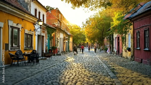 Cobblestone street scene in Szentendre Hungary at Sunset with tourists walking