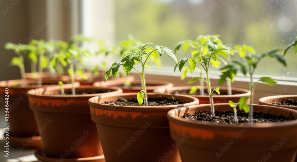 Growing tomato plants in a sunny window indoor garden natural light refreshing environment Growing tomato plants in a sunny window indoor garden natural light refreshing environment