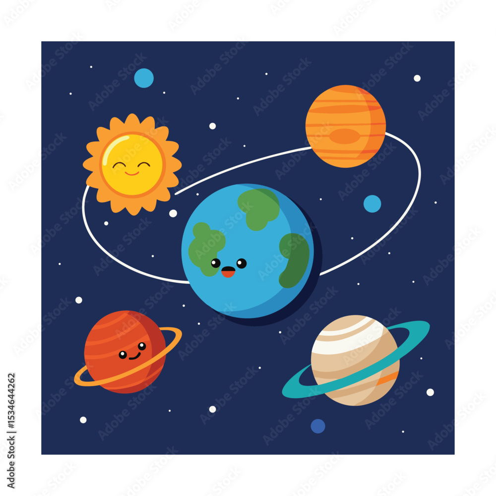 Adorable Solar System Illustration Cute Planets and Sun in Space Adorable Solar System Illustration Cute Planets and Sun in Space