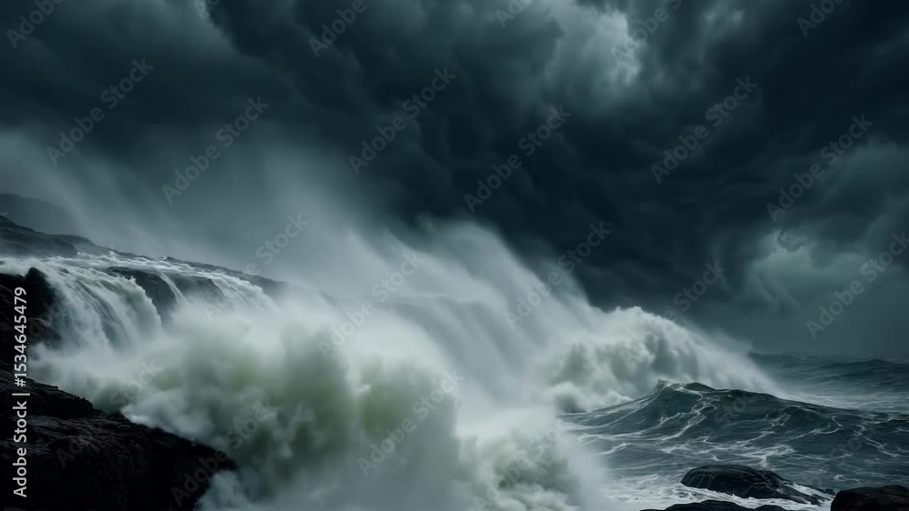 Dramatic video concept of stormy seas with towering waves crashing against rocks Captured from a low angle, emphasizing the power and chaos of nature Dramatic video concept of stormy seas with towering waves crashing against rocks Captured from a low angle, emphasizing the power and chaos of nature