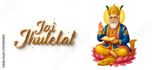 Jhulelal Sai, the divine Sindhi deity, sits gracefully in blue cloth on a blooming lotus above a golden fish. Jhulelal Sai radiates peace. Uderolal is Jhulelal Sai. Chetichand 