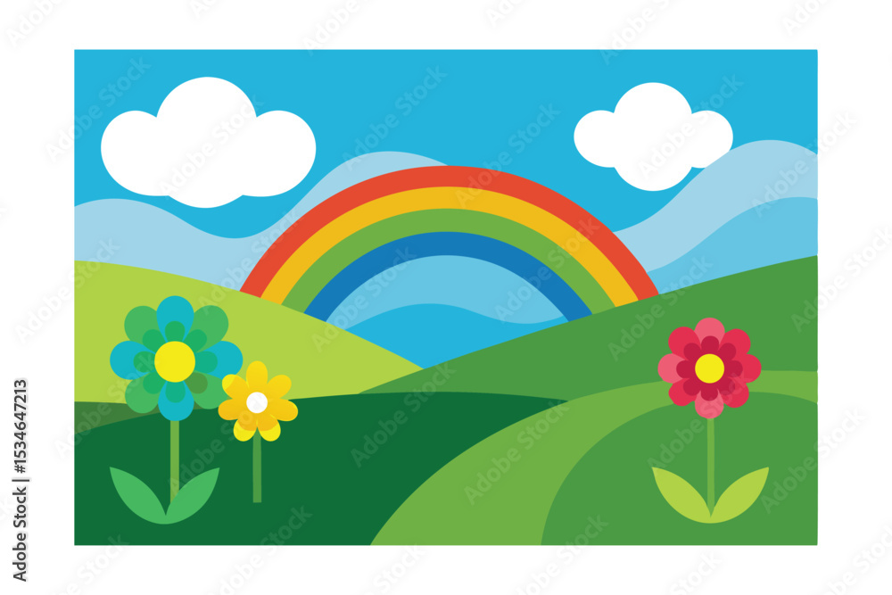 Fototapeta premium Vibrant Rainbow Over Rolling Hills and Blooming Flowers A Colorful Landscape Illustration