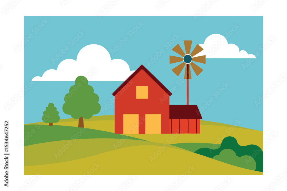 Fototapeta premium Serene Countryside Farm, Windmill, and Rolling Hills Illustration