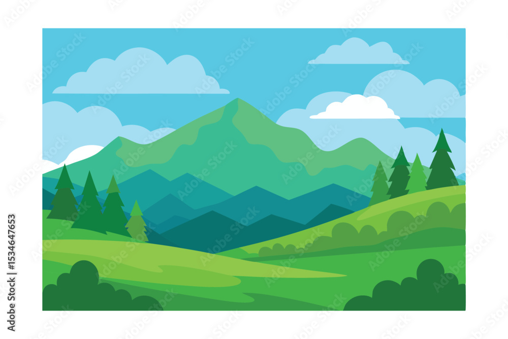 Obraz premium Serene Mountain Landscape Green Hills, Majestic Peaks, and a Tranquil Sky
