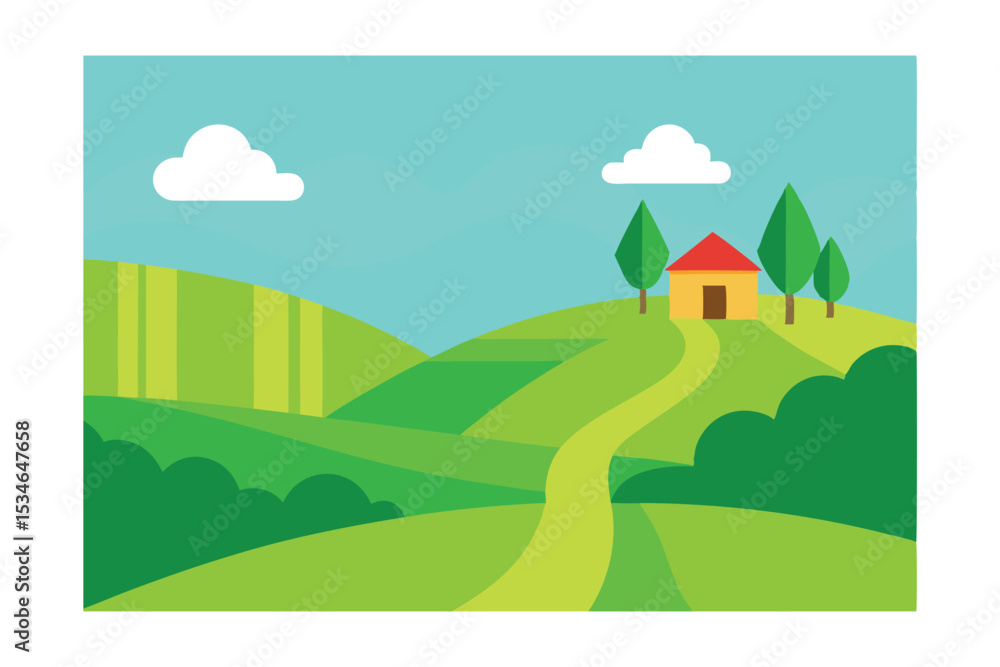 Fototapeta premium Serene Countryside Landscape Rolling Hills, Green Fields, and a Cozy Cottage