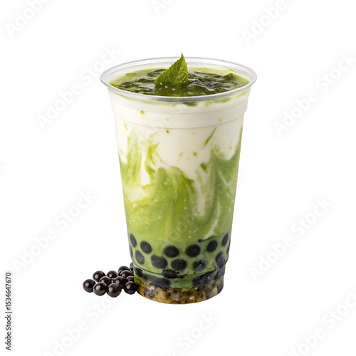 Refreshing matcha milk tea with boba pearls isolated on a transparent background