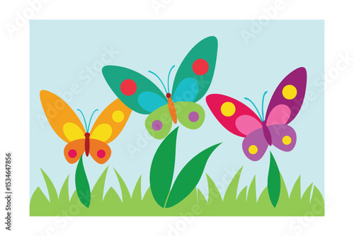 Vibrant Colorful Butterflies in Spring Meadow Illustration