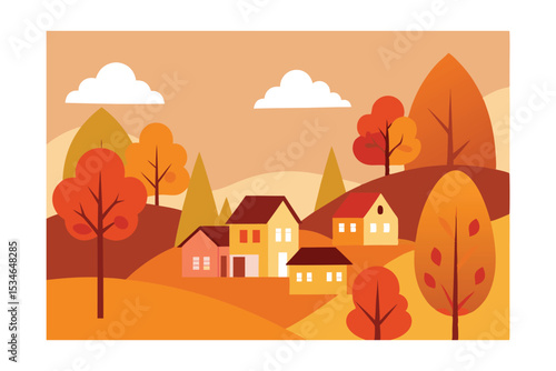 Autumn Village Landscape Colorful Hills, Cozy Homes, and Falling Leaves